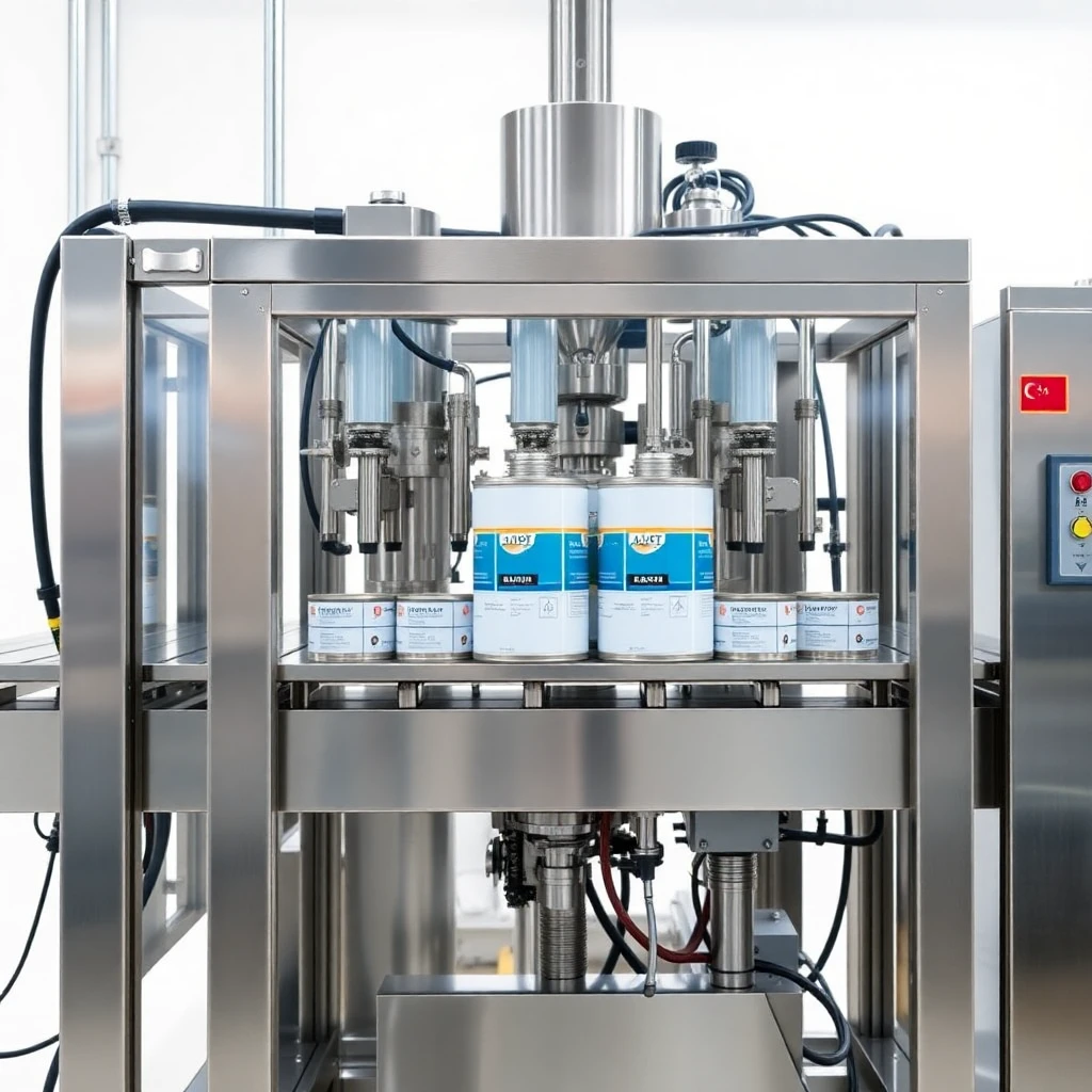 Paint filling machine detail, stainless steel tin filler