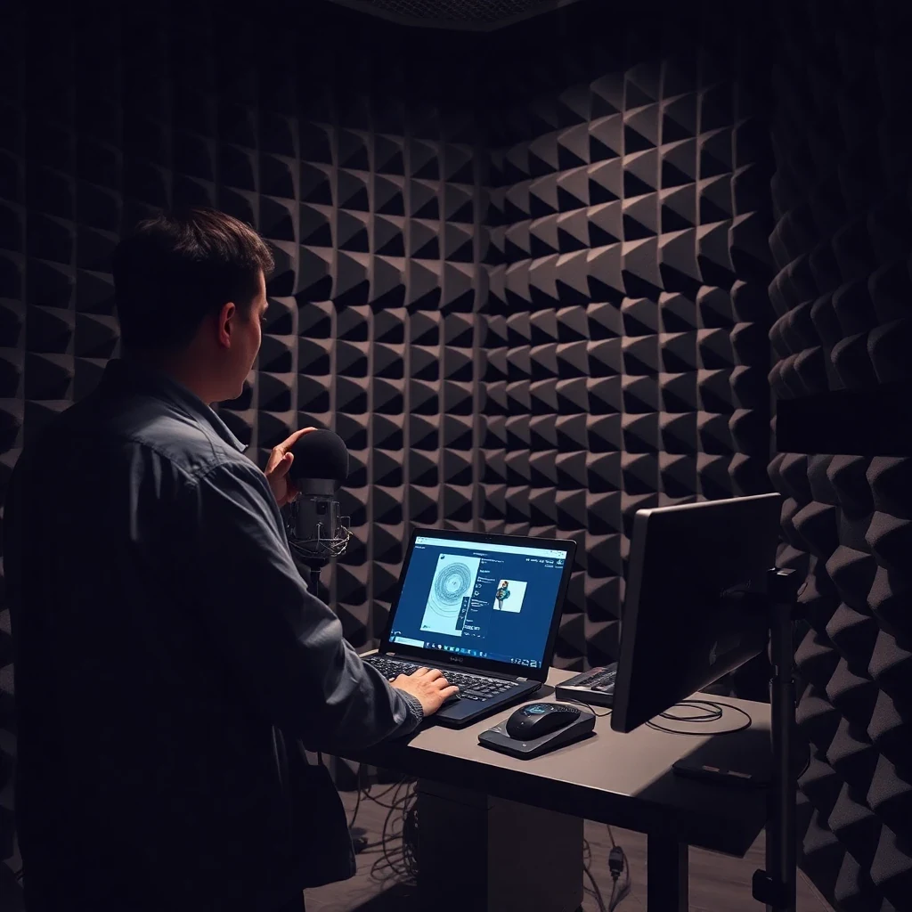 Laboratory acoustic testing scene inside an anechoic chamber