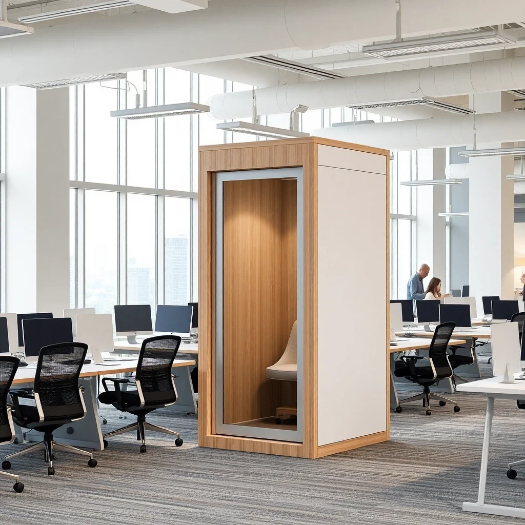 Soundproof office phone booth installed in a workplace