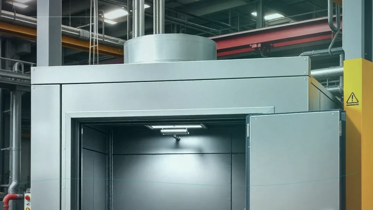 Acoustic test room with access door and equipment-area panels