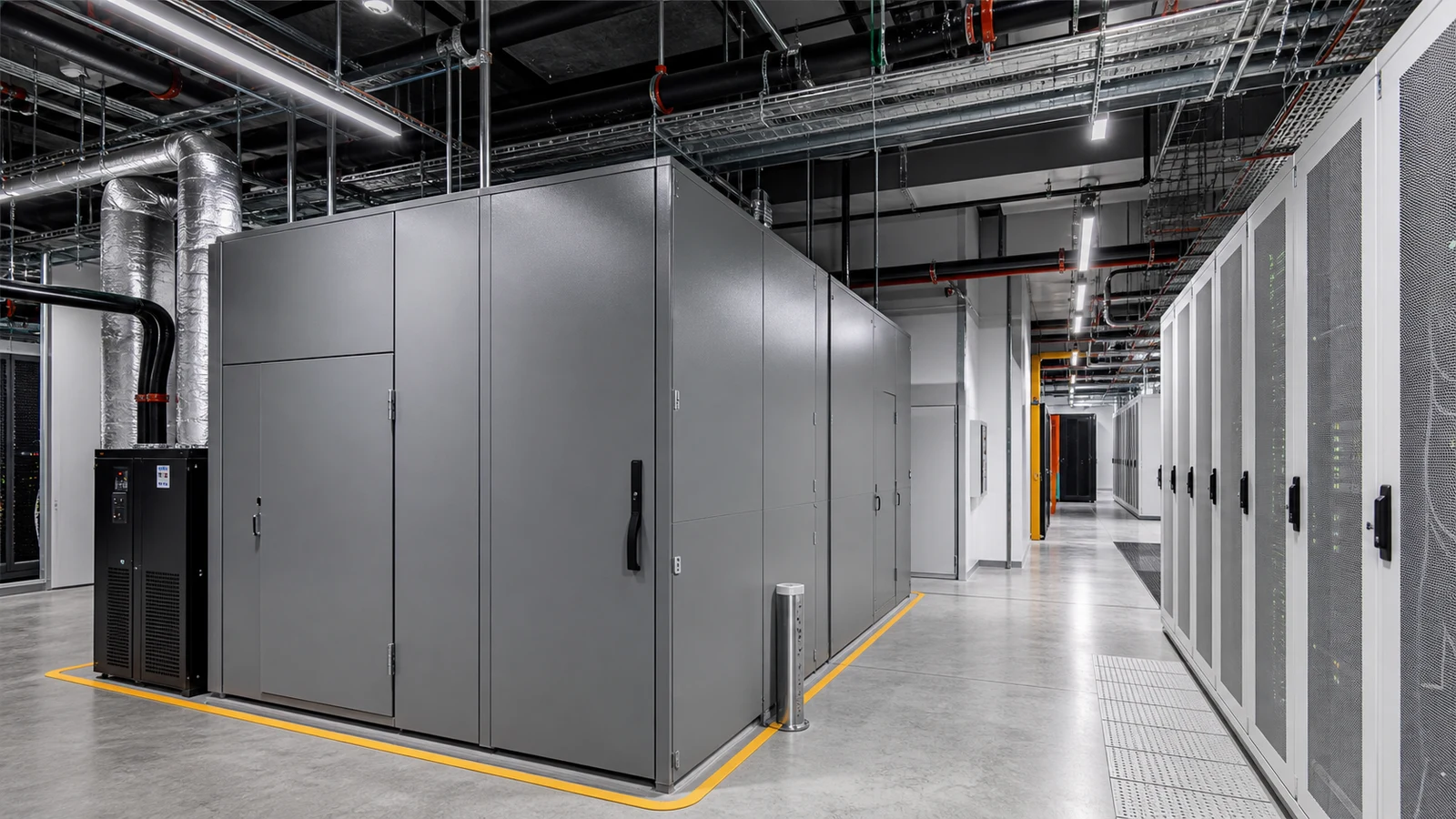 Data center equipment area with acoustic enclosure panels